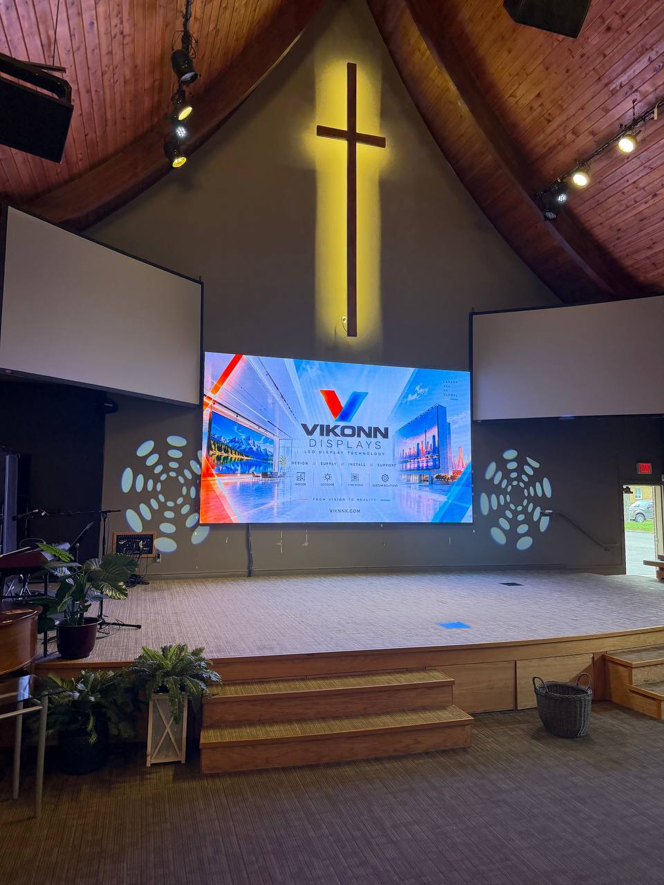 Sanctuary LED screen showing a VIKONN graphic
